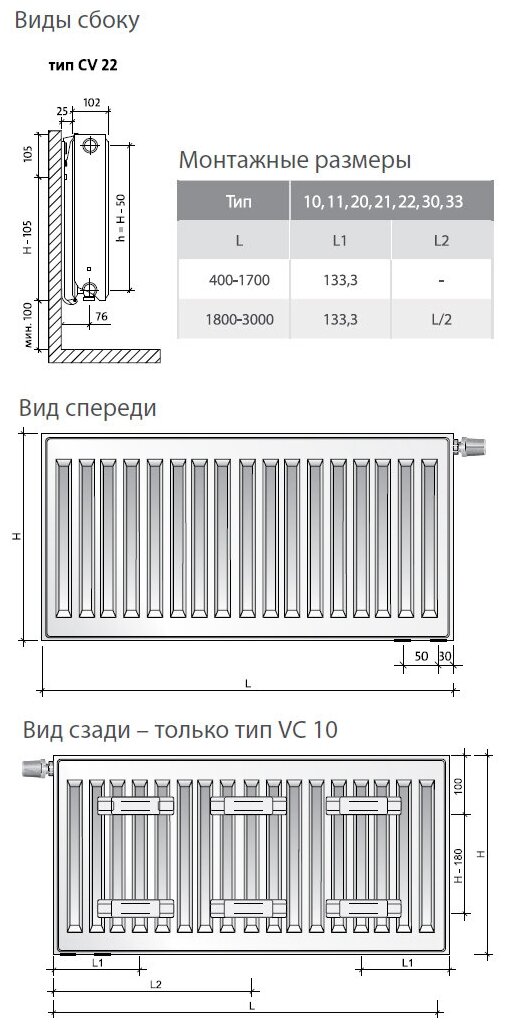 Радиатор панельный Royal Thermo Ventil Compact VC22-300, 9.4 м2, 940 Вт, 700 мм.стальной - фотография № 7