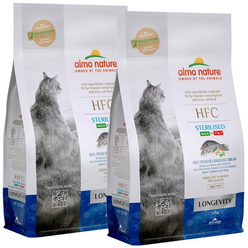 ALMO NATURE HFC LONGEVITY SEA BASS & SEA BREAM взрослые/пожилых кастрированные/стерилизованные кошки свежая морская рыба/окунь/лещь (1,2 + 1,2 кг) сухой корм для стерилизованных кошек almo nature hfc со свежей говядиной 2 шт х 300 г
