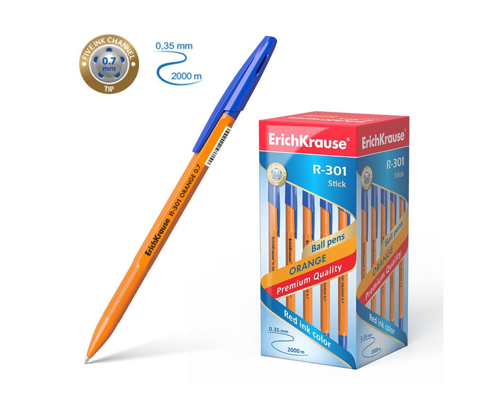 Шариковая ручка синего цвета ErichKrause R-301 Orange Stick, 0.7 мм