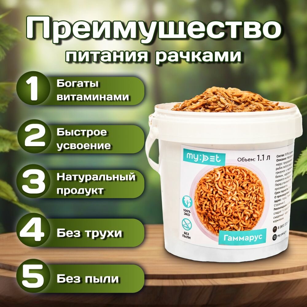 My pet Корм гаммарус тушка натуральный универсальный сухой, вкусняшка для аквариумных животных, рептилий и улиток, рыбок, сухопутных и красноухих водоплавающих черепах, ведерко 1,1 л