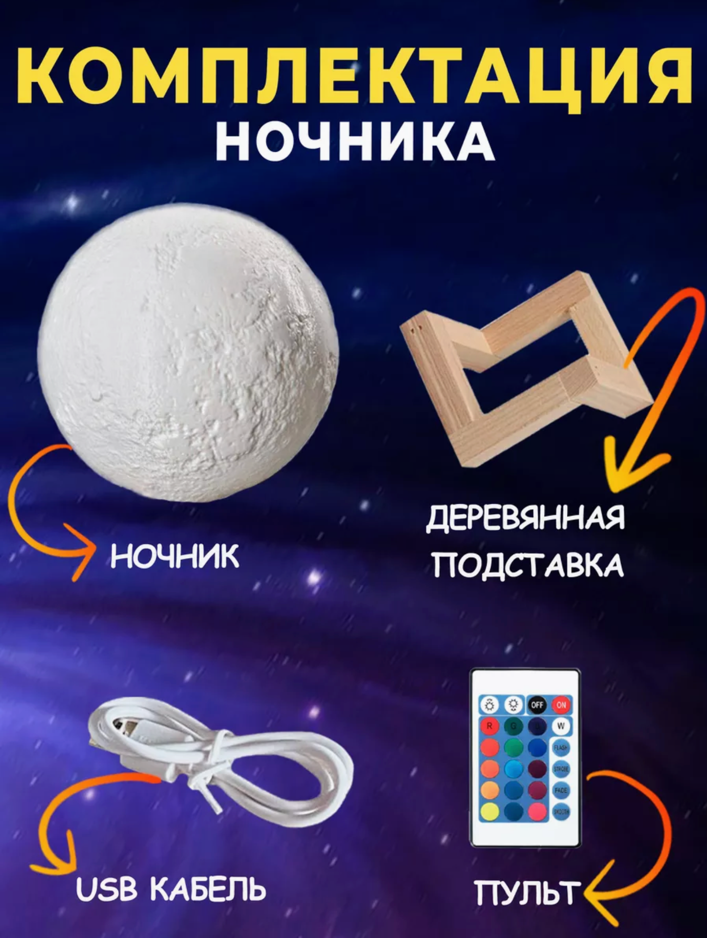 Светильник-ночник 3D шар Луна , на деревянной подставке с пультом управления, 15 см — фото 1