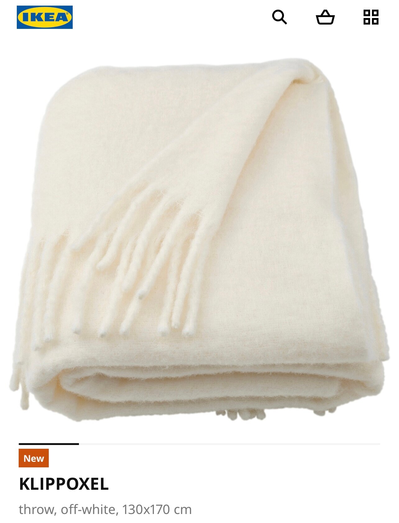 Плед декоративный IKEA KLIPPOXEL , молочный, 130x170 см, полиэстр