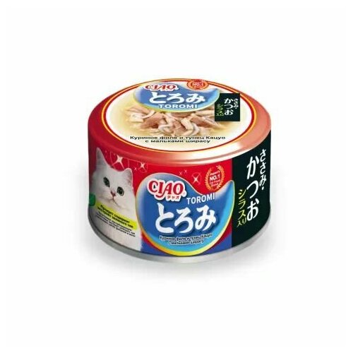 4 ШТ INABA CIAO Влажный корм (консервы) для кошек, куриное филе и тунец кацуо с мальками ширасу в бульоне, 80 гр.