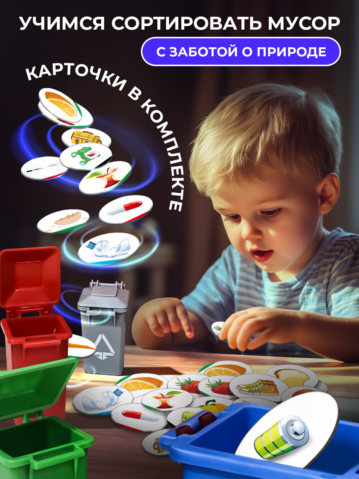 Изображение Большой мусоровоз с контейнерами WiMi, инерционная машинка с баками, сортировка мусора