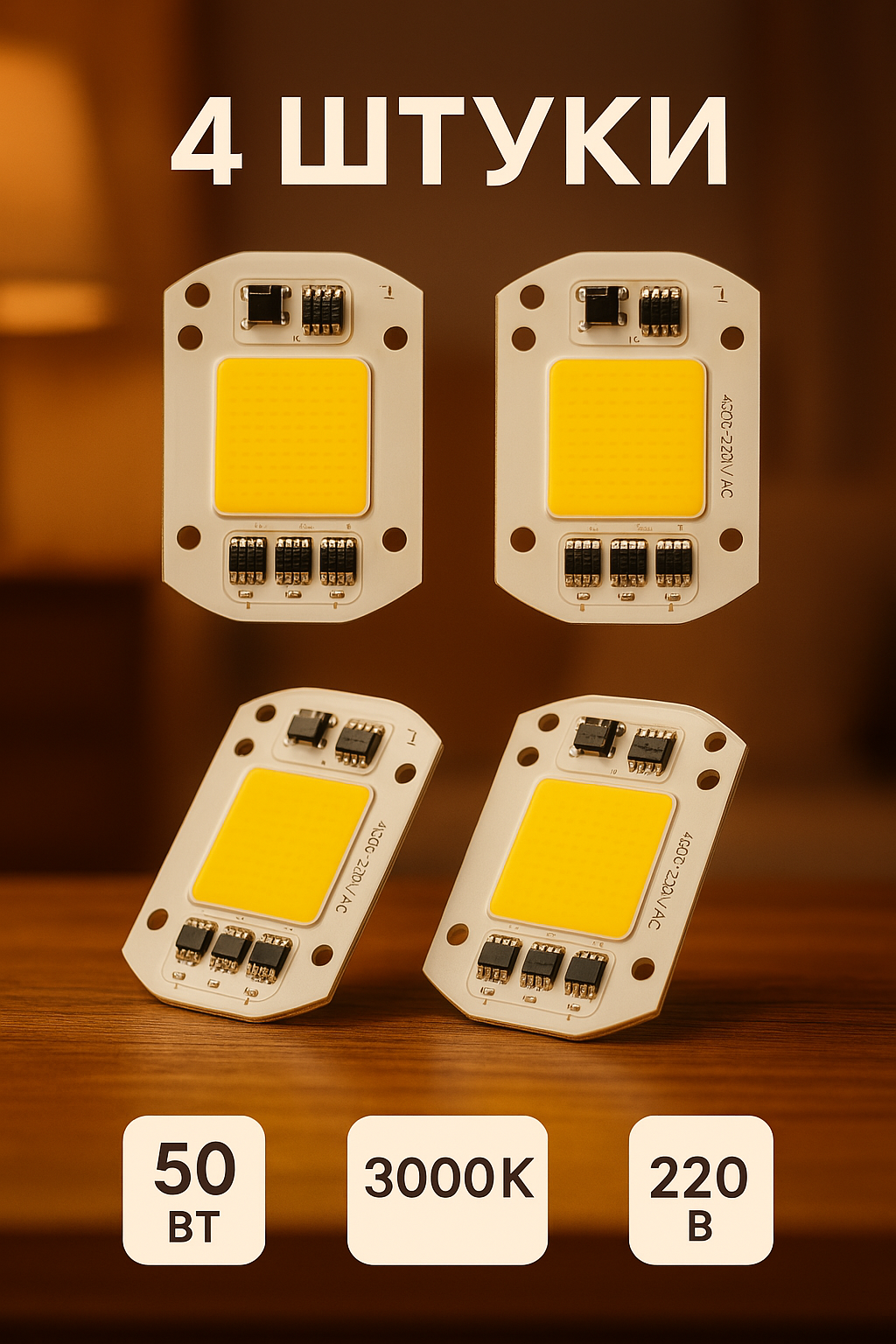 Светодиодная матрица 220V COB размер 60х40 мм 50 Вт теплый белый свет 3000К 4 шт.