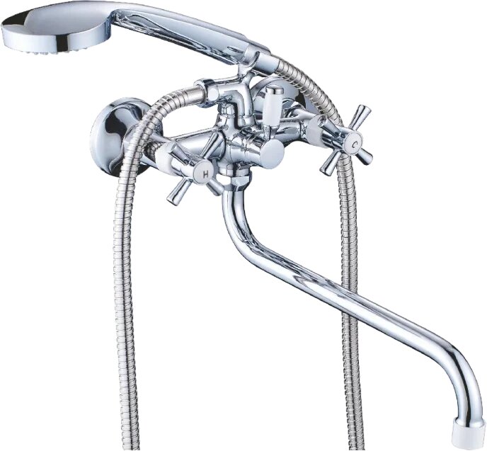 Смеситель с длинным изливом для ванны Cron CN142 CN22142 8 с душевым гарнитуром  поворотный  металлический  хром  белый  глянцевый  смеситель для ванны с душем  вентильный