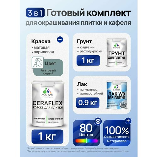 фото Комплект malare для окрашивания плитки и кафеля (1кг грунт + 1кг краска + 0,9кг лак), без запаха, полуглянцевый, цвет агатовый серый