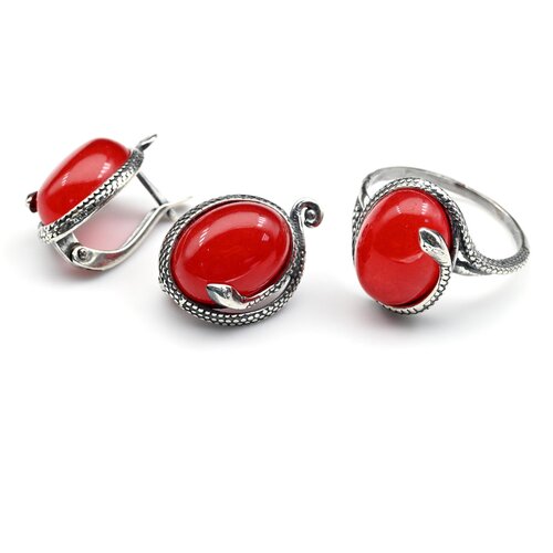 Комплект бижутерии: серьги, кольцо, корунд, размер кольца 17, красный