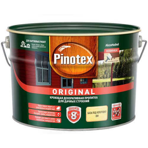 Кроющая декоративная пропитка для дерева Pinotex ORIGINAL, 9л, белый 001 pinotex original пинотекс ориджинал кроющая декоративная пропитка защита база под колеровку bw 9л