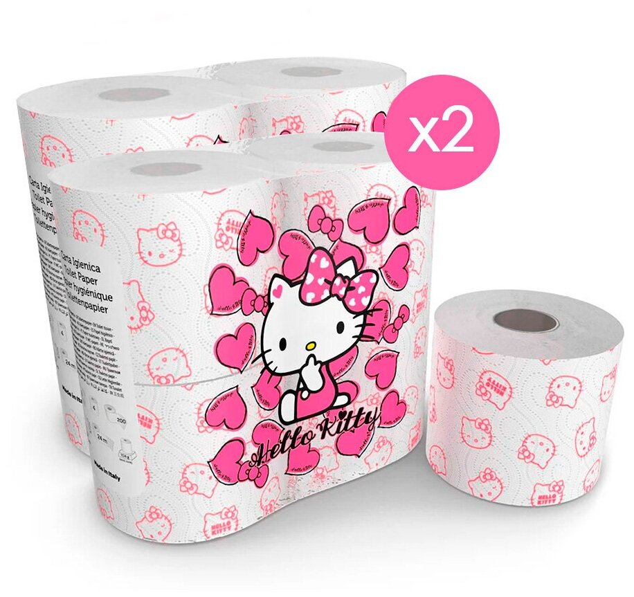Туалетная бумага "Hello Kitty" с рисунком, 3 слоя, 4 рулона 200 листов 2 упаковки, World Cart
