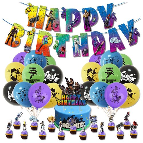 Набор для праздника Fortnite С днем рождения (гирлянда, топперы, шары, ленты)