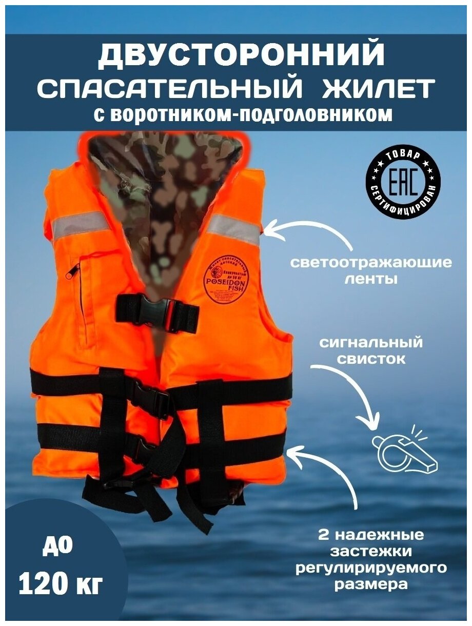 Спасательный жилет POSEIDON FISH Life vest взрослый до 120 кг с подголовником гимс, Беларусь