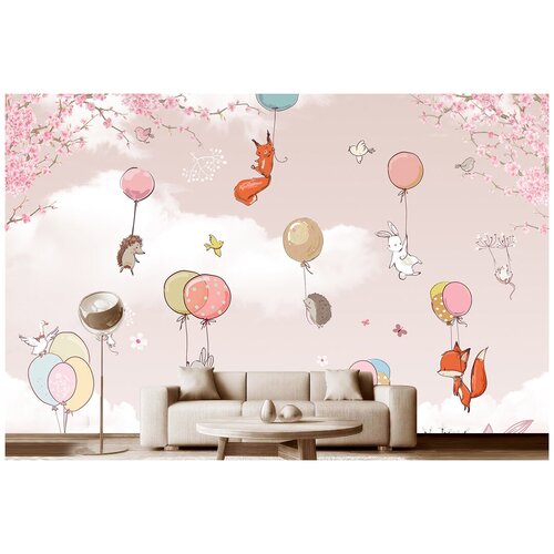 Фотообои на стену детские Модный Дом "Звери на воздушных шариках в розовом небе" 400x250 см (ШxВ)