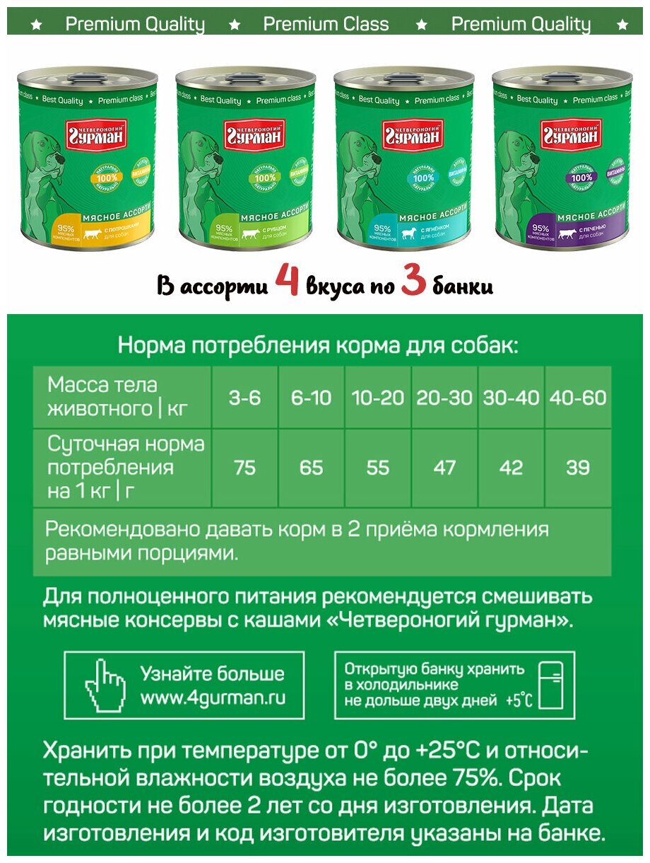 Корм для собак влажный, Четвероногий Гурман "Мясное ассорти" Микс 4 вкуса (Ягн, руб, потрошки, печень), 340 г х 12 шт. — фото 1