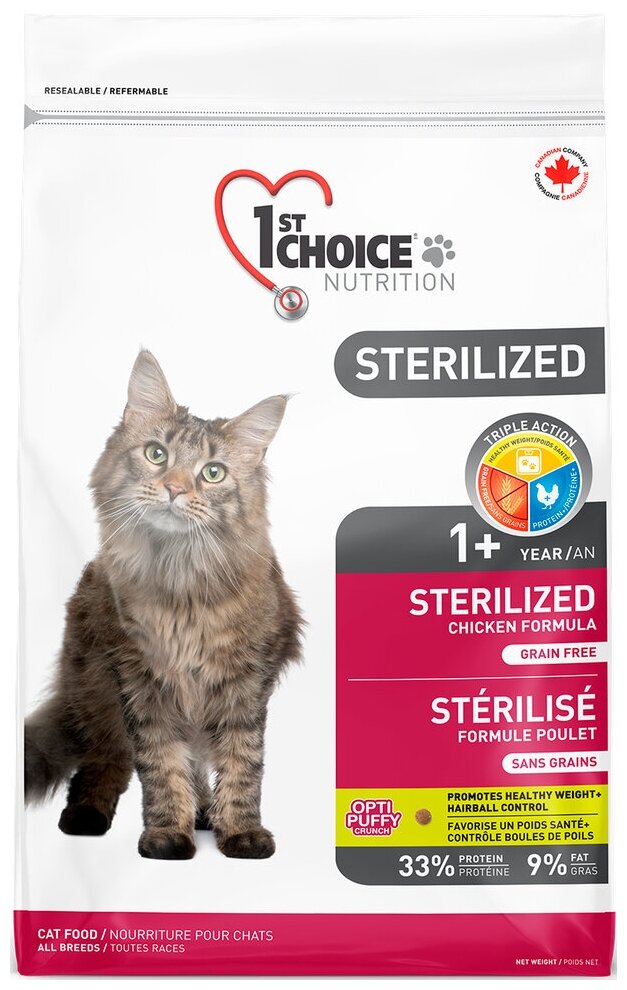 Корм 1st Choice Grain Free Sterilized для стерилизованных кошек, курица с бататом, 2.4 кг - фотография № 2