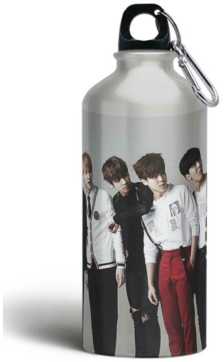 Бутылка спортивная,туристическая фляга, 500мл с карабином BTS (бтс, к-поп, RM, Чина, Сюги, Джей-Хоупа, Чимина, Ви и Джонгука) - 1281