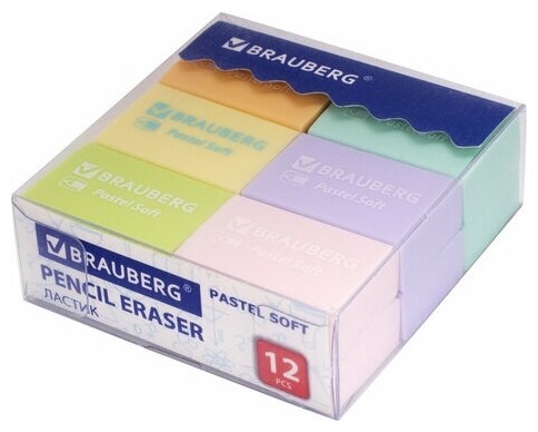 Ластики BRAUBERG "Pastel Soft" набор 12 размер ластика 31х20х10 мм экологичный ПВХ, 3 шт