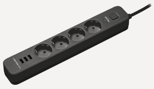 Изображение товара Сетевой фильтр Perfeo "POWER STREAM", 2500W, 2.0м, 4 розетки, 3 USB, черный (PF_C3956)