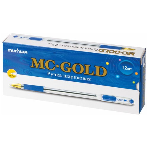 MunHwa MC Gold 0,7 синяя. Набор шариковых ручек 12 шт. (ручка шариковая) MC Gold синяя, грип, BMC07-02 ручка шариковая mc gold узел 0 7 мм резиновый упор стержень синий