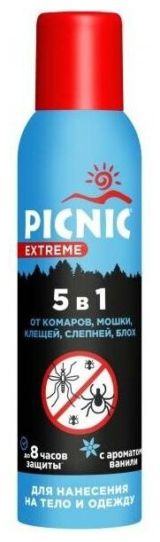 Picnic Extreme аэрозоль 5 в 1 от комаров, мошки, клещей, слепней, блох 150 мл