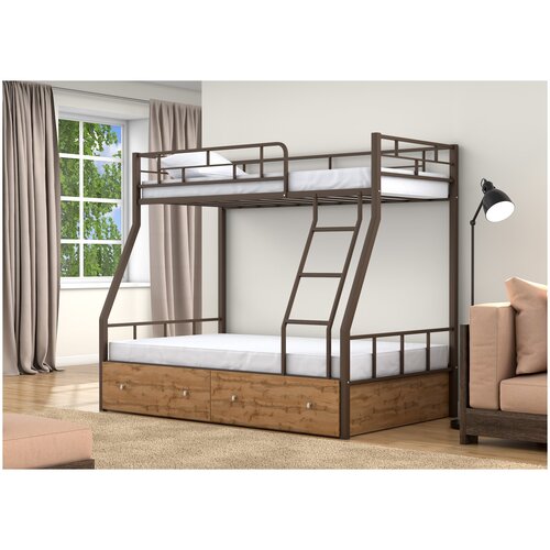 Двухъярусная кровать Раута Черный ящики полка дуб крафт табак