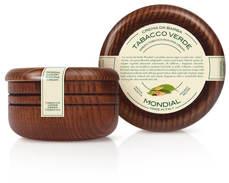 Крем для бритья Mondial "TABACCO VERDE" с ароматом зелёного табака, деревянная чаша, 140 мл CL-140-T