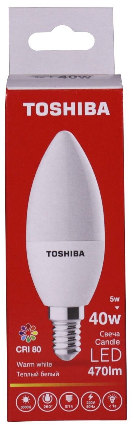 Лампа светодиодная TOSHIBA 5 Вт Е14 свеча C35 3000 K теплый свет 220В матовая