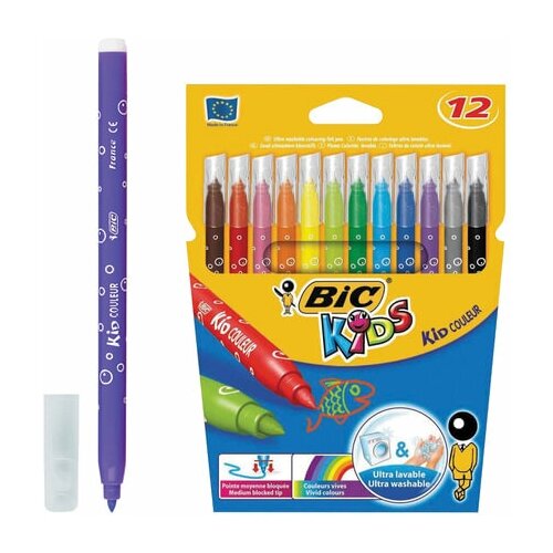 BIC Фломастеры bic kid couleur , 12 цветов, суперсмываемые, вентилируемый колпачок, европодвес, 9202932