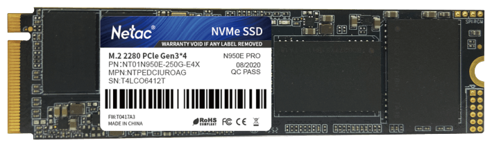 Накопитель SSD Netac N950E Pro NT01N950E-250G-E4X/PCI-E 3.0 x4/250GB /Скорость чтения 3000МБайт/с Скорость записи 1300МБайт/с