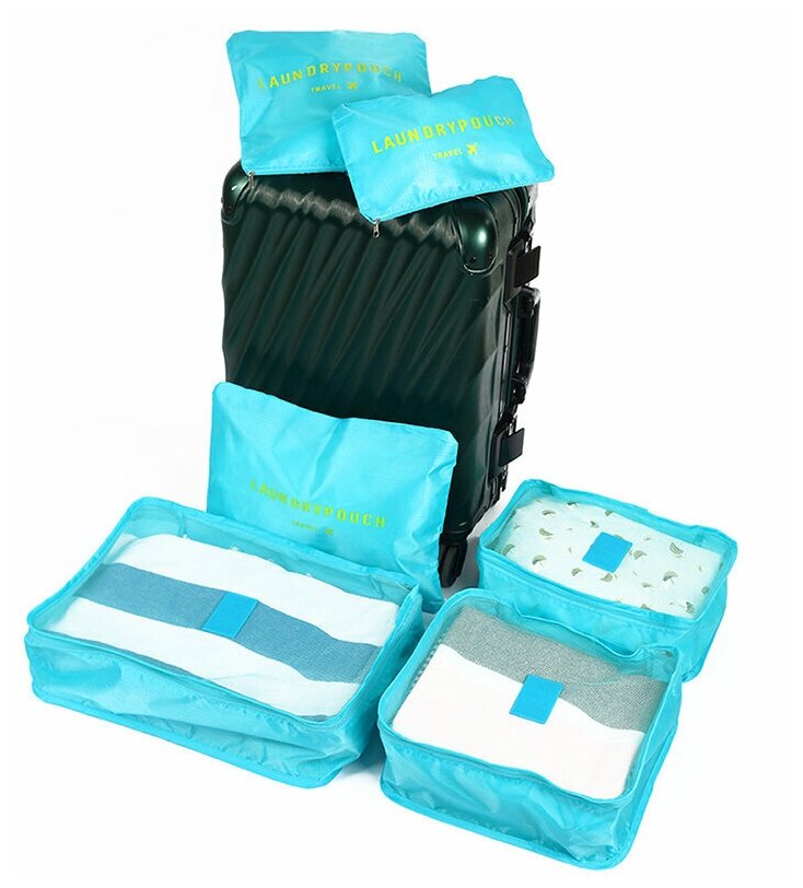 Дорожный органайзер для чемодана 6 штук LAUNDRY POUCH; органайзер дорожный для путешествий 6 штук; набор из 6 органайзеров для путешествий, голубой - фотография № 20