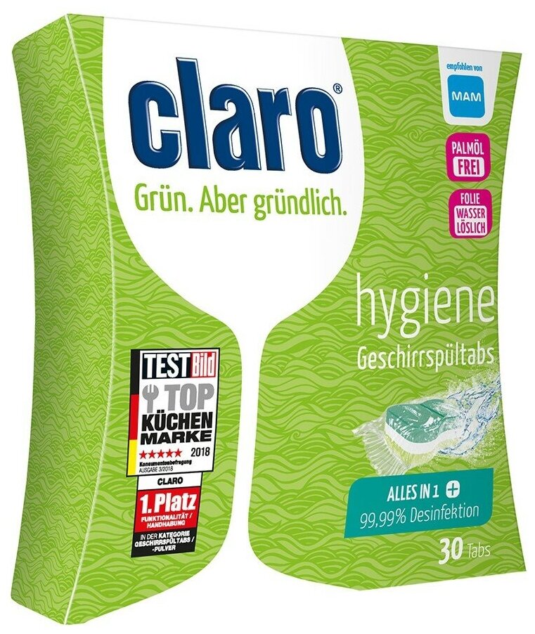 CLARO Hygiene Tabs Дезинфицирующие таблетки для мытья посуды в ПММ, 30 шт, Австрия