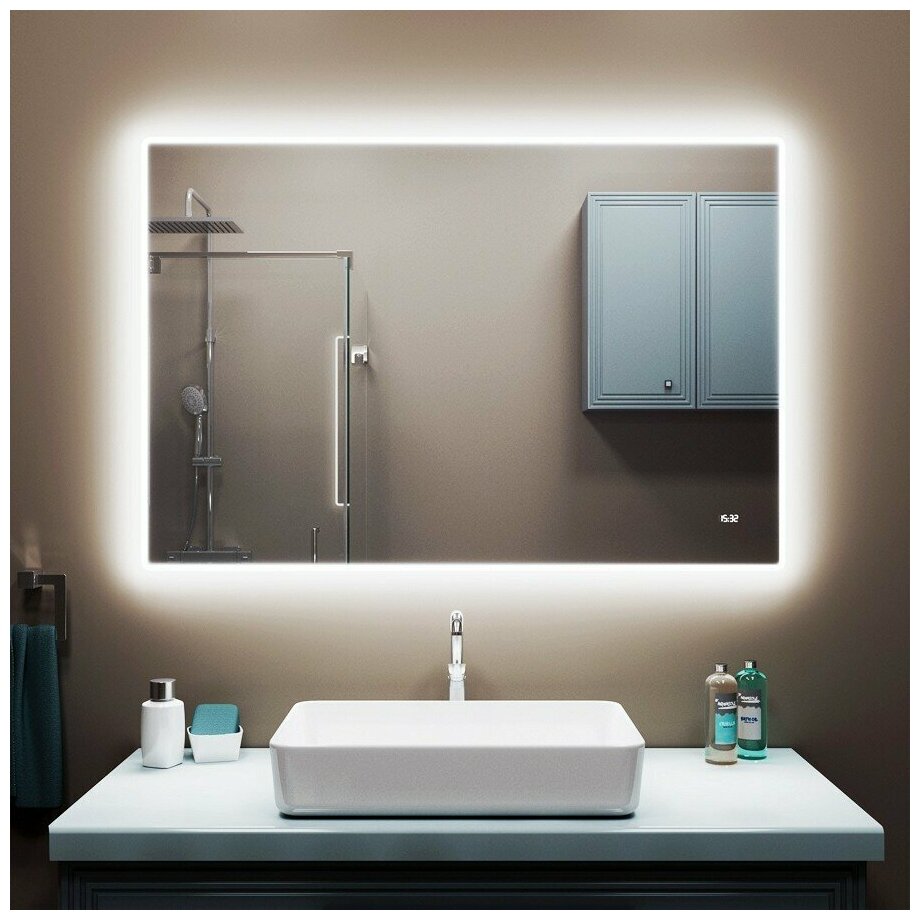 Зеркало с подсветкой 120х80 LED часы настенное в ванную - фотография № 6