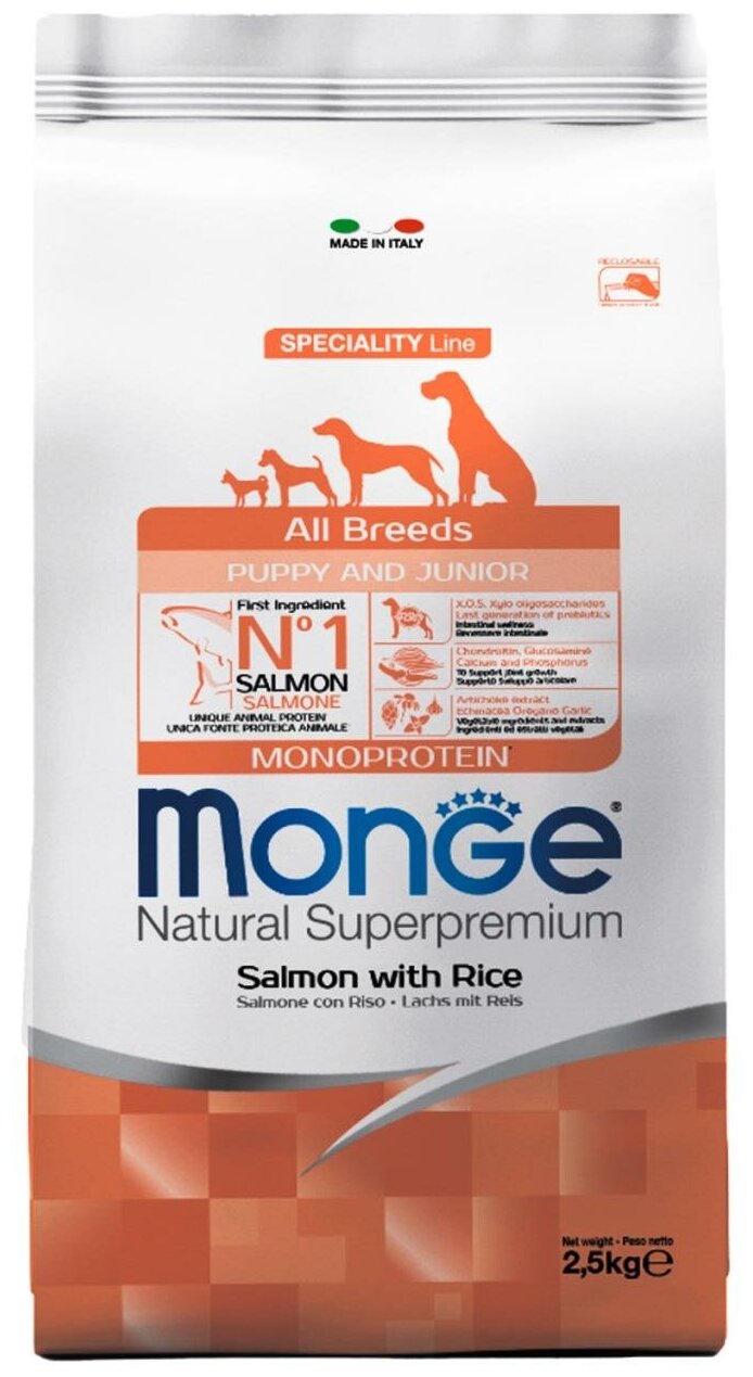 Monge Dog Monoprotein Puppy&Junior корм для щенков всех пород лосось с рисом - 2,5 кг