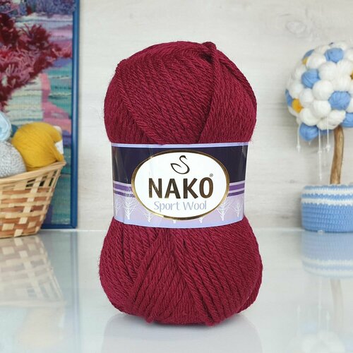 Пряжа Sport wool Nako, бордо - 6592, 25% шерсть, 75% премиум акрил, 5 мотков, 100 г, 120 м.