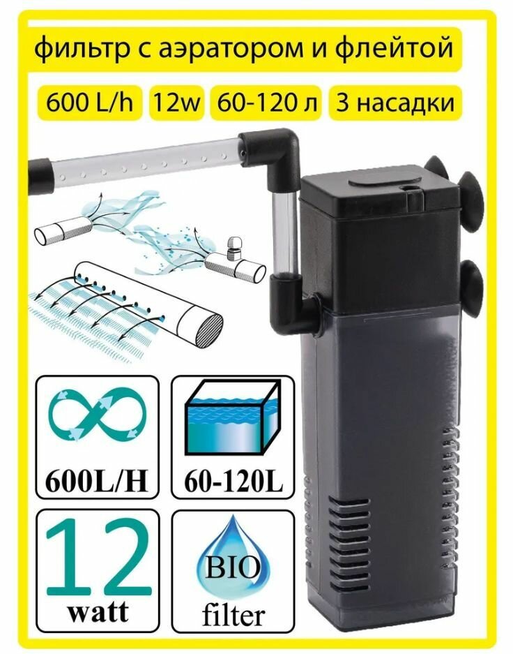 Фильтр внутренний Barbus FILTER 047 для аквариума с аэратором и флейтой 600л/ч 12ватт