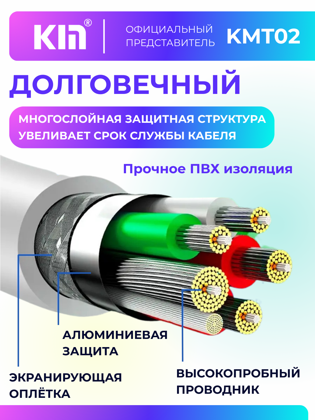 Кабель KIN KM-T02, Type-C, 3.1A, 1 м, прочный, быстрая зарядка (Белый) — фото 1