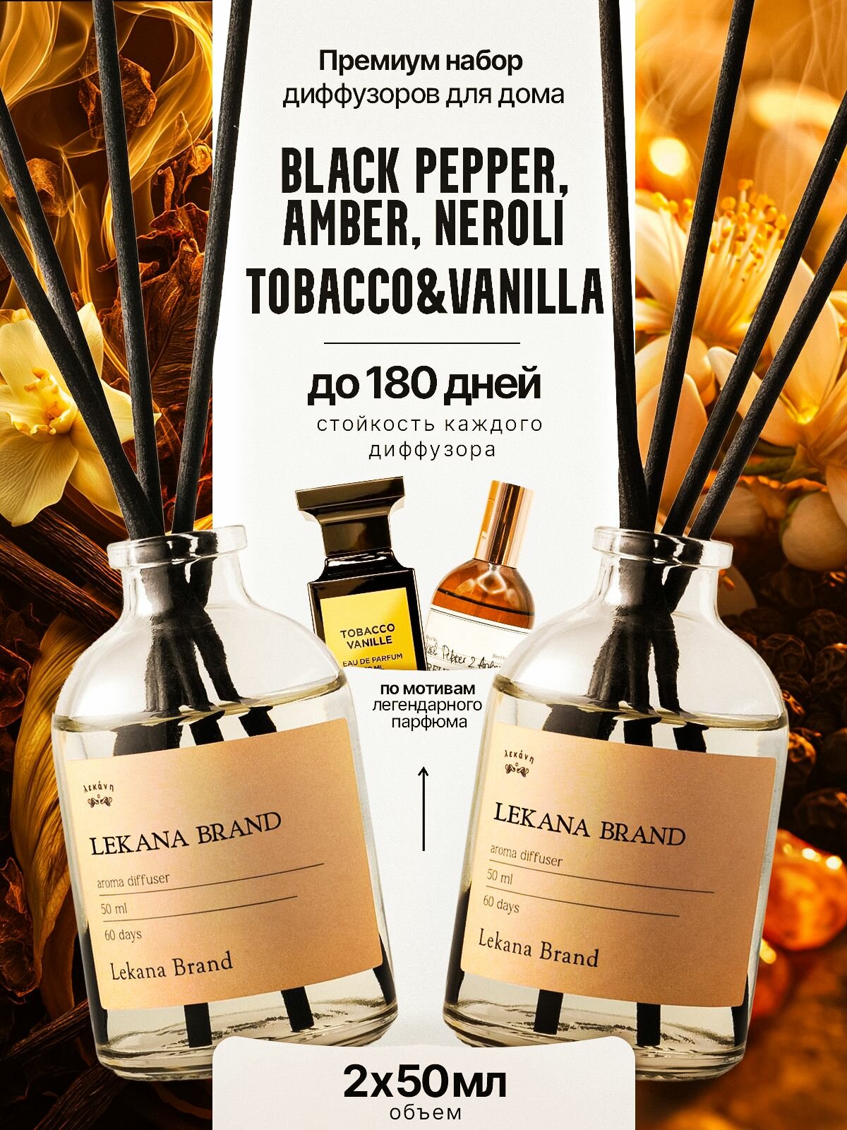 Диффузор для дома/ набор: Черный перец+ Табак&Ваниль 2 шт. по 50 мл Lekana Brand