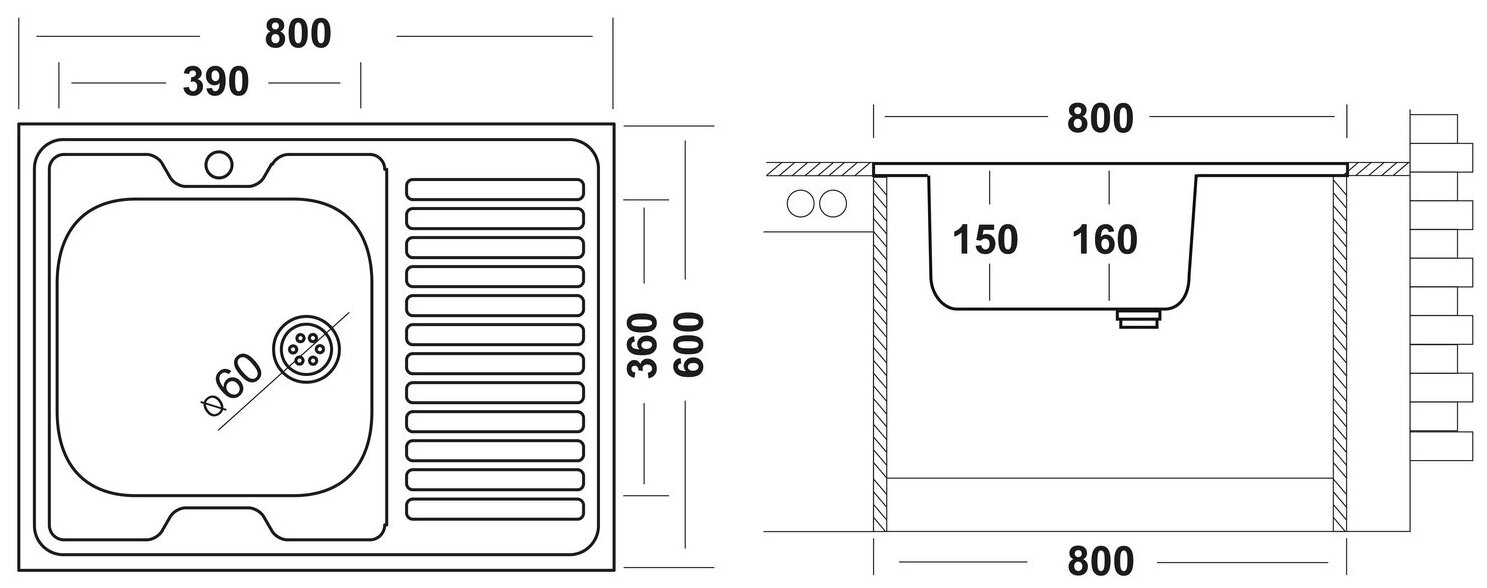 Комплект "Юкинокс" Кухонная мойка STD800.600 ---4C 0L-, смеситель UM2304, выпуск скмг, крепёж КНМ - фотография № 5