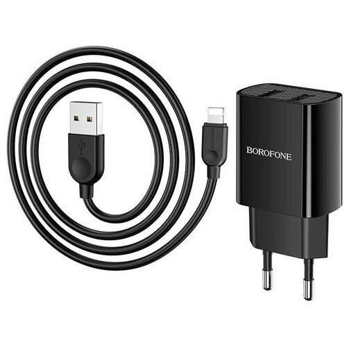 Сетевое зарядное устройство (СЗУ) Borofone BA53A (USB) + кабель Lightning, 2.1 А, черный