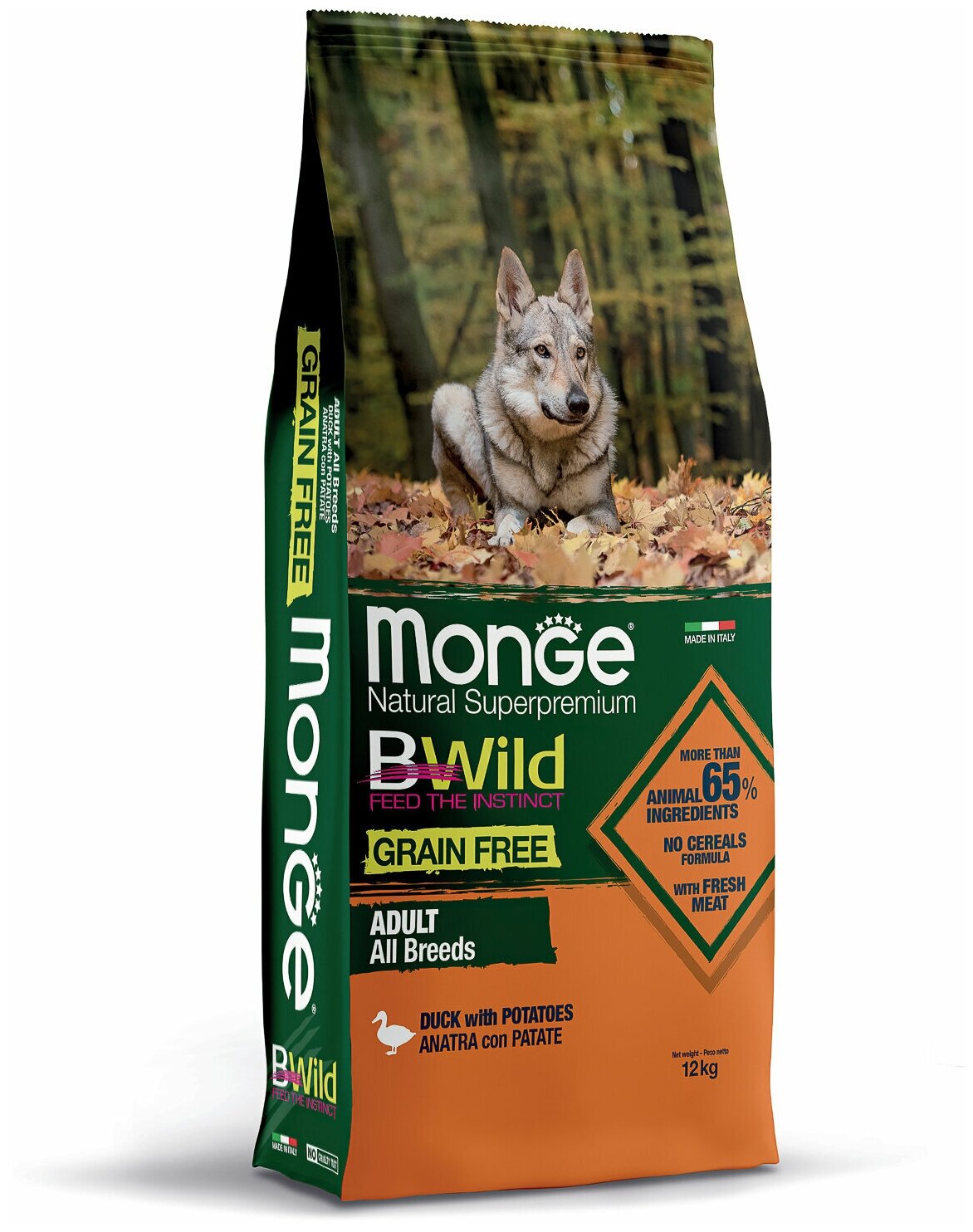 Корм сухой Monge Dog BWild GRAIN FREE All Breeds Adult для взрослых собак всех пород, беззерновой, утка с картофелем, 12 кг