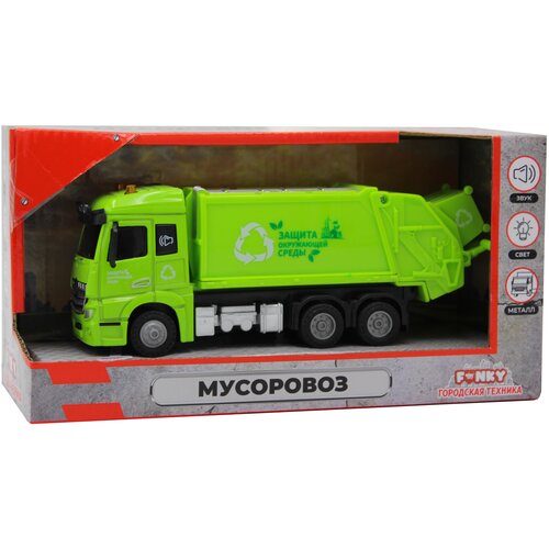 Мусоровоз, кабина die-cast, инерционный механизм, свет, звук, зеленый, 1:43 Funky toys FT61084 пожарная машина с подъемным механизмом die cast инерционный механизм свет звук 1 43 ft61078 funky toys