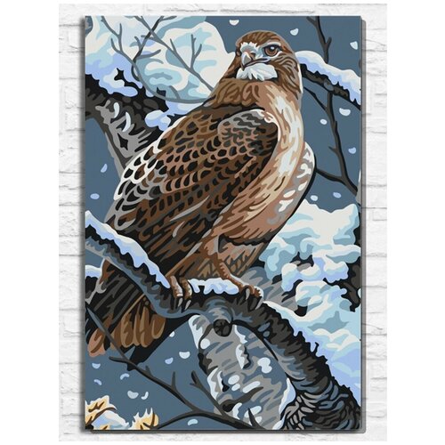 картина по номерам на холсте сокол в зимнем лесу птица лес 9374 в 30x40 Картина по номерам на холсте сокол в зимнем лесу (птица, лес) - 9374 В 60x40