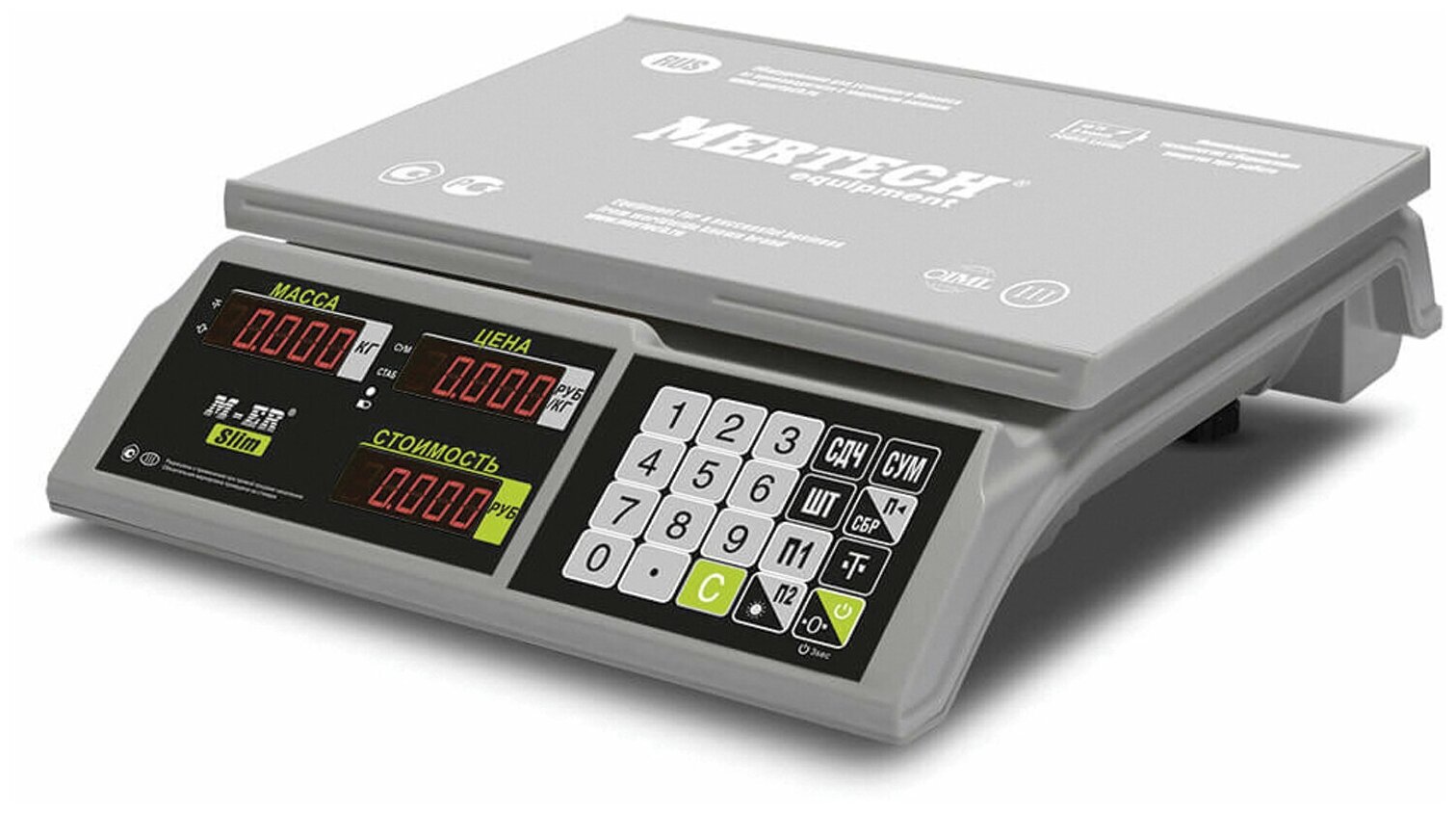 Весы торговые MERTECH M-ER 326-32.5 LED (0,1-32 кг), дискретность 5 г, платформа 325x230 мм, без стойки, 3043 В комплекте: 1шт.
