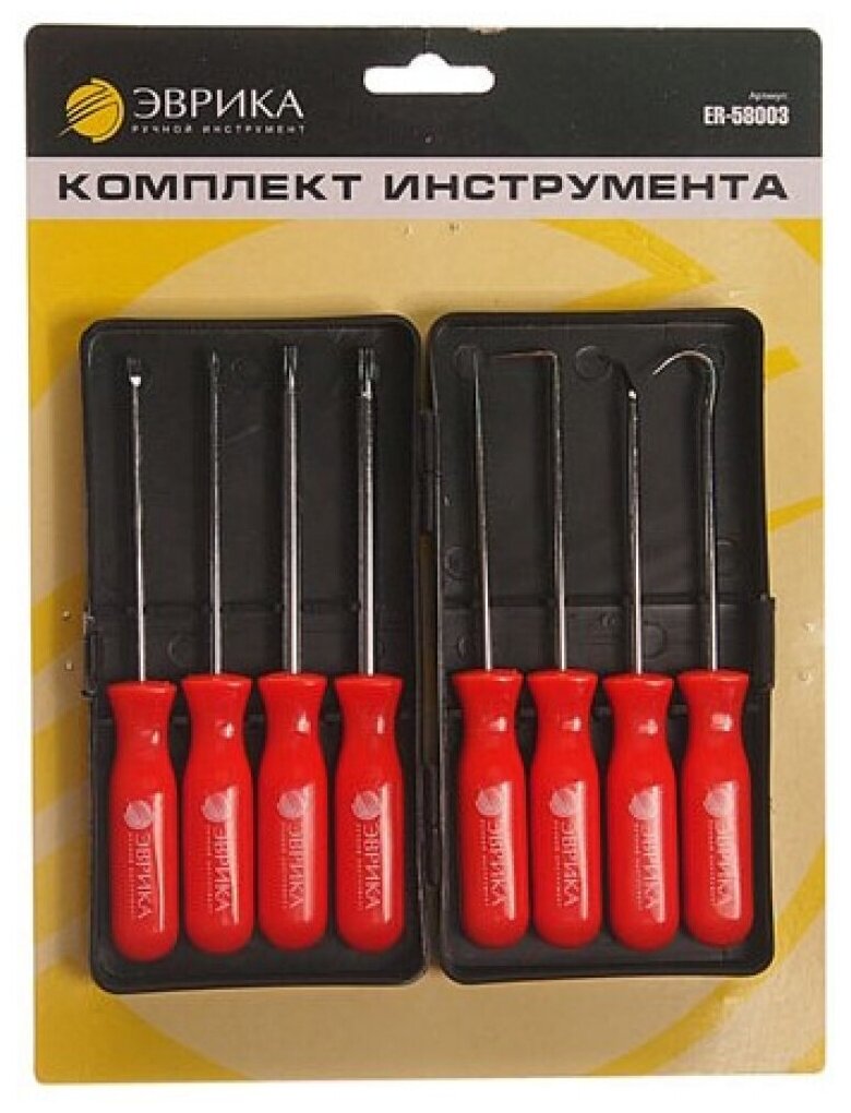 ER58003 эврика Набор инструментов 8 предметов шило, крючки (изогнутые 45°,90°), отвертки (Sl1/8, PH0, T15, T20) эврика