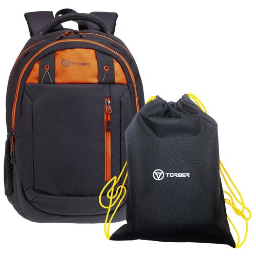 Школьный рюкзак TORBER CLASS X, черный с оранжевой вставкой, 45 x 32 x 16 см, 17 л + Мешок для сменной обуви в подарок! T5220-22-BLK-RED-M