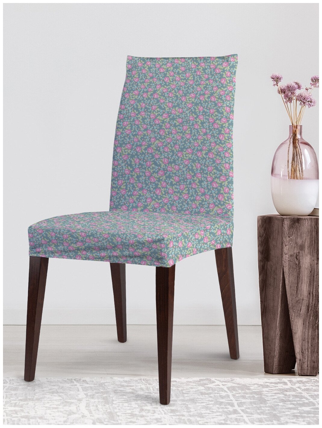 Декоративный чехол на стул JoyArty "Маленькие розовые цветы" со спинкой велюровый