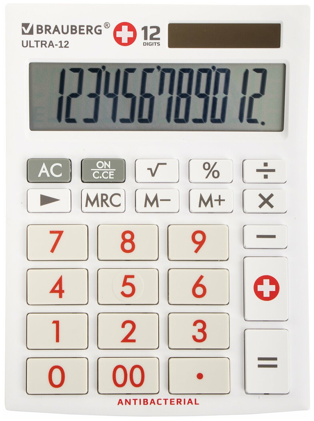 Калькулятор настольный BRAUBERG ULTRA-12-WAB (192x143 мм) 12 разрядов двойное питание антибактериальное покрытие белый, 1 шт