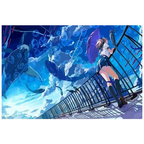 Картина по номерам на холсте красочная аниме девушка (небо, кит) - 8842 Г 60x40