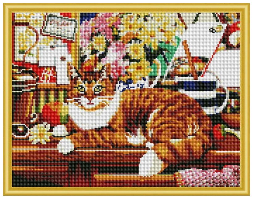 Мозаика алмазная (классическая) "Полосатый Кот" 40х50 см(25 цв) Рыжий кот AC4002