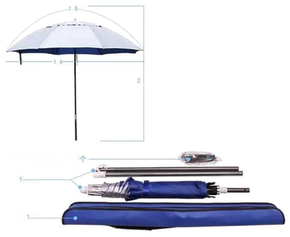 Зонт для рыбалки / пляжный - усиленная солнцезащита с сребристым покрытием, вентиляция, наклон - диаметр 160см - алюминиевый каркас - фотография № 2